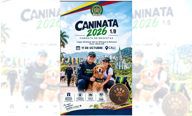 Portada de caminata donde se ilustra un policía perro y persona camiseta blanca