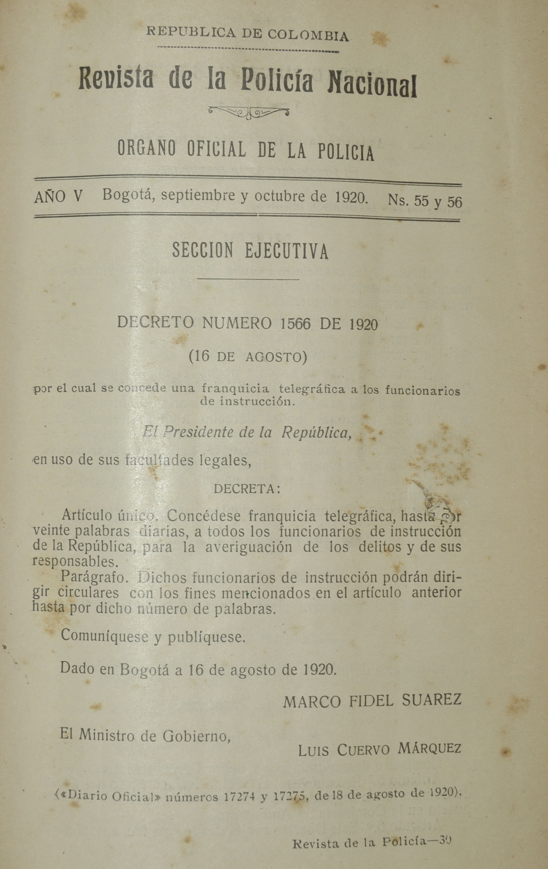 Revista Polic&iacute;a Nacional edici&oacute;n Nro. 55 y 56 Primera &eacute;poca